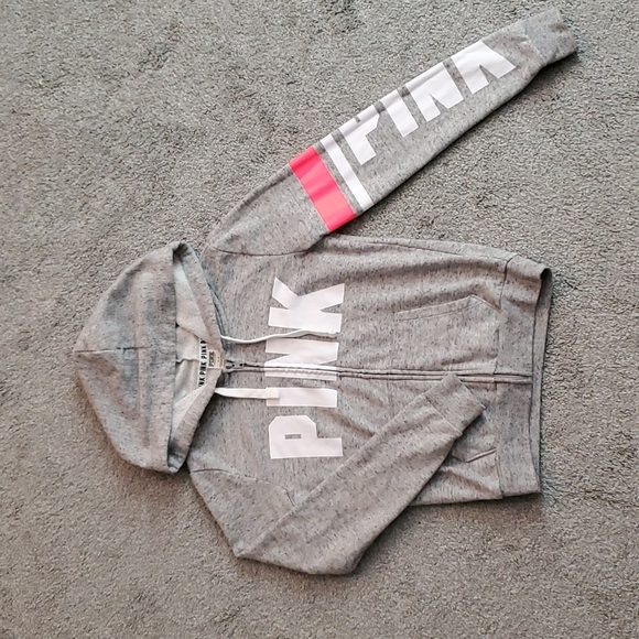 PINK Victoria's Secret Tops - VS PINK light gray zip up hoodie sz S